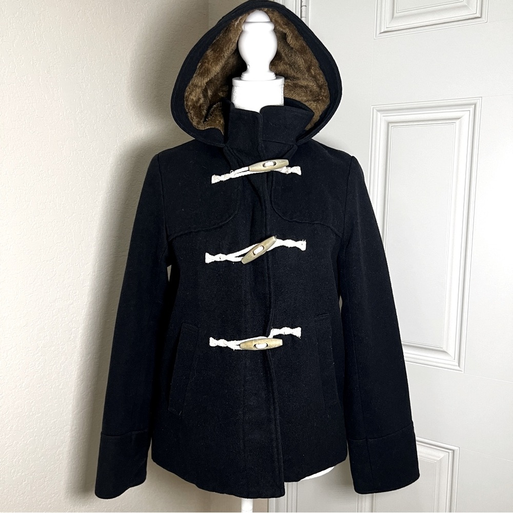Medium Navy Blue Women's Toggle Hoodie Pea Coat - Plaid-lined - Great Quality.